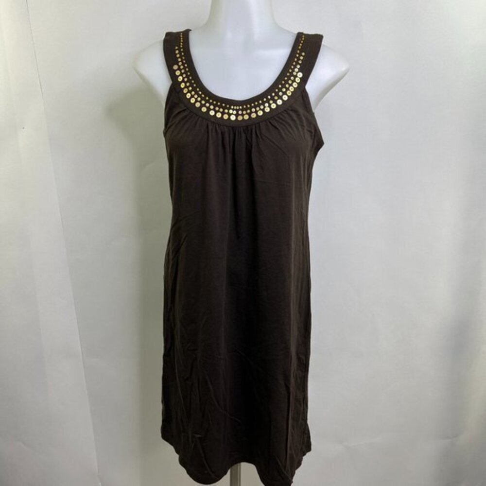 Loft Dress XS Brown Y2K 90s Flare Aline Gold Sequins Shift Vintage Retro  See me
